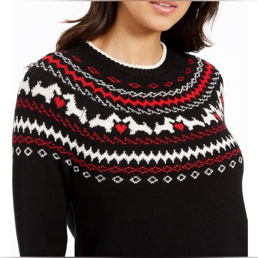 Charter Club Fair Isle Sweater, Sz. LP, Black/Red/White w/ Scottie Dog Design